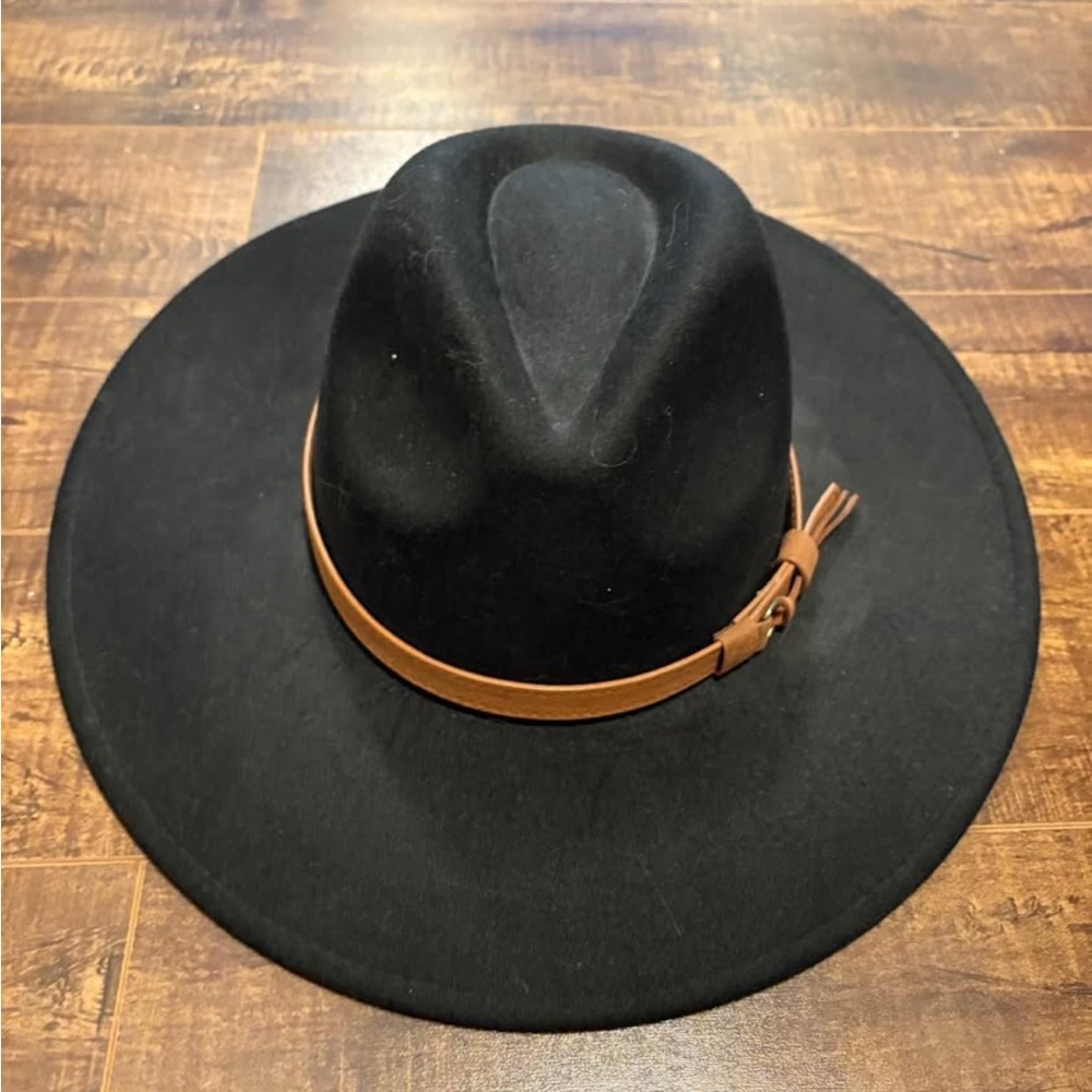 Ladies O/S Wide Brim Fedora/Rancher/Cowboy Hat in Black Felt with Brown Belt